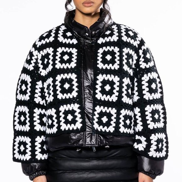 Miz Puffer Crochet: Detachable Contrast Knit Cardigan Vinyl Winter Coat L XL - Picture 8 of 17